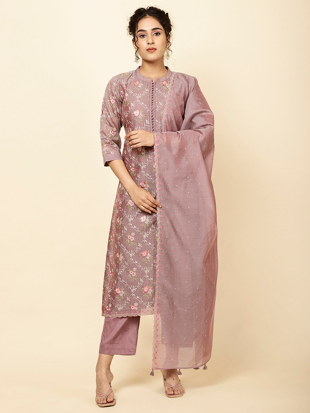 Embroidered Chanderi Kurta With Pants &amp; Dupatta