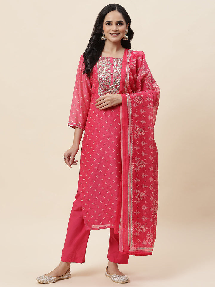 Bandhani Printed Chanderi Kurta With Pants &amp; Dupatta