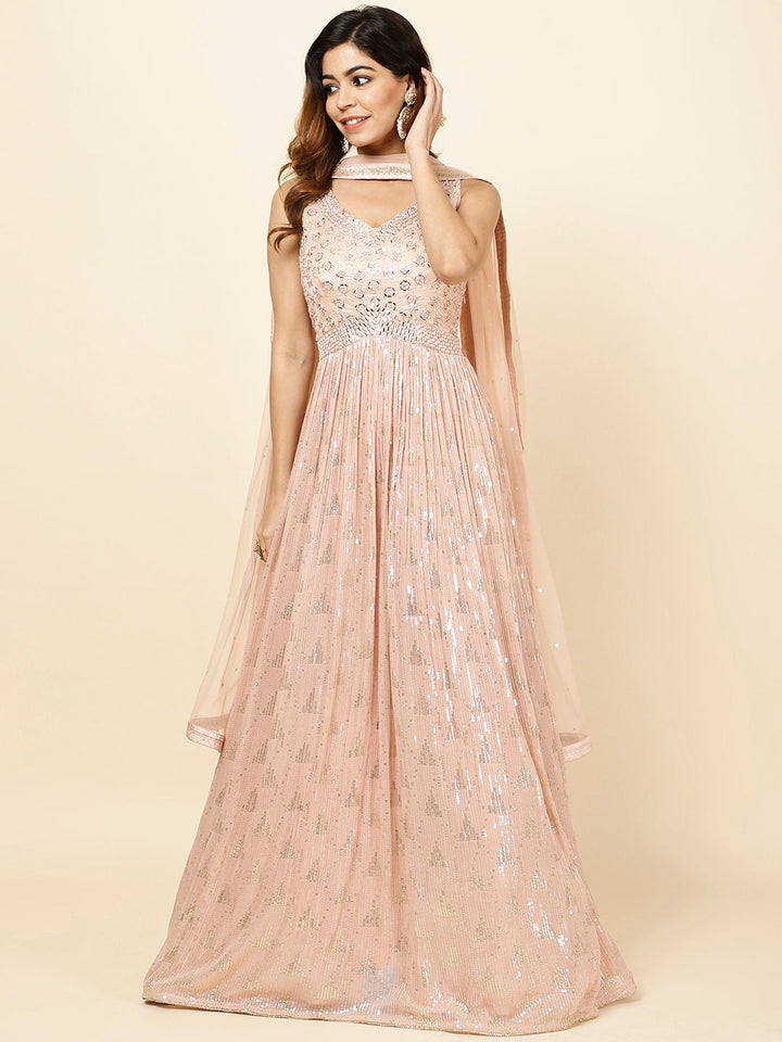 Sequence Embroidered Georgette Anarkali Kurta With Churidar &amp; Dupatta
