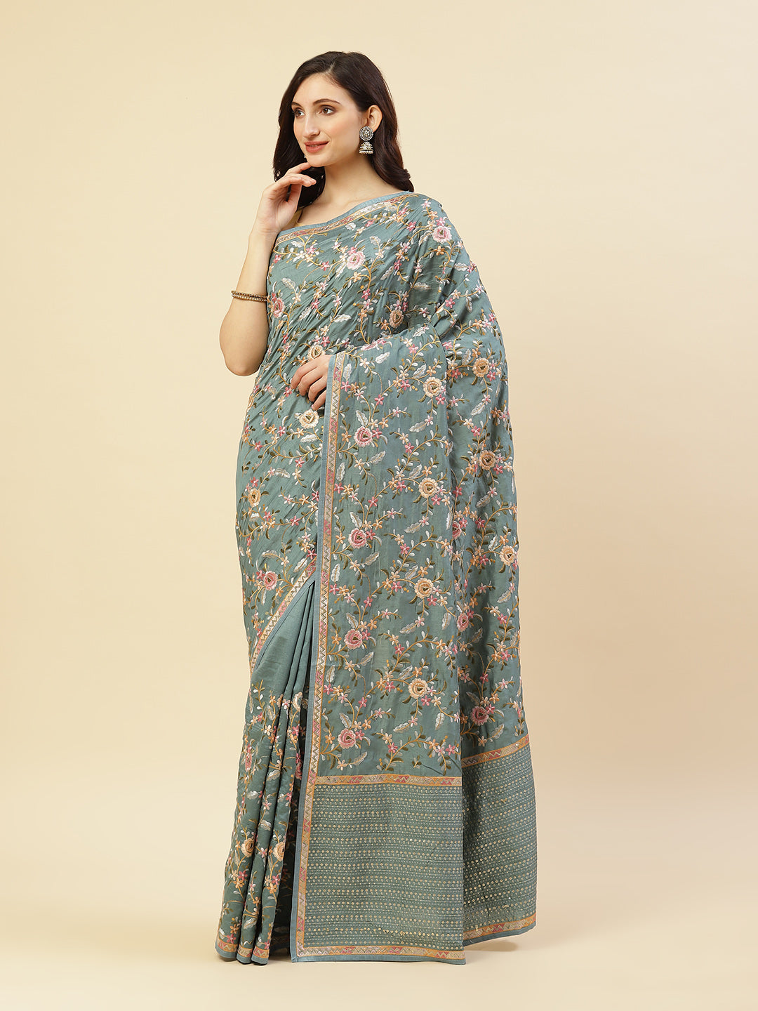 Thread Work Embroidered Art Tussar Saree