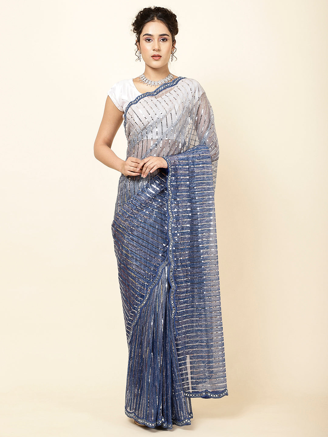 Mirror Work Embroidered Net Saree