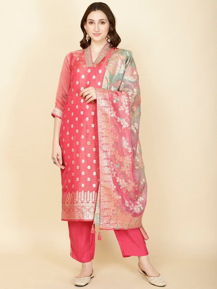 Floral Woven Tissue Kurta With Pants &amp; Dupatta