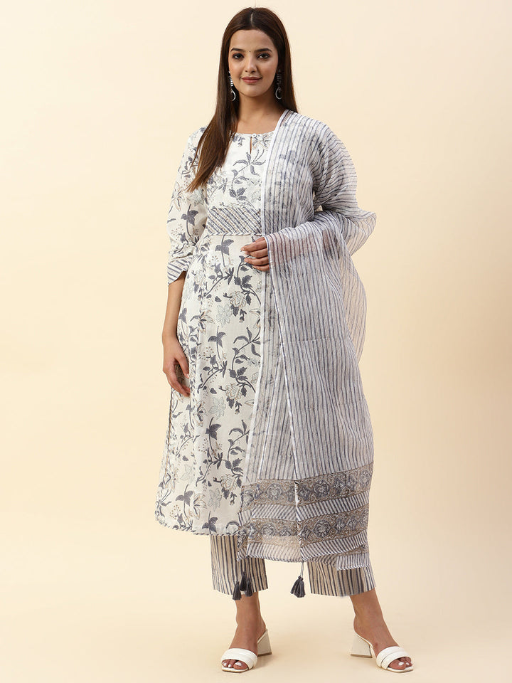 Floral Printed Cotton Kurta With Pants &amp; Dupatta
