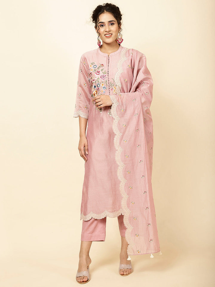 Floral Embroidered Chanderi Kurta With Pants &amp; Dupatta