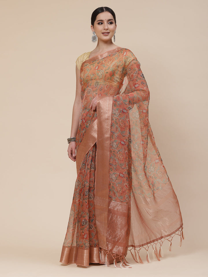 Floral Digital Printed Zari Border Organza Saree