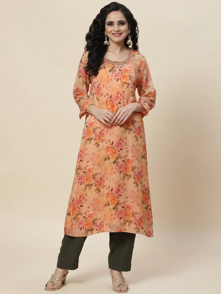 Floral Printed Organza Kurta With Palazzo &amp; Inner