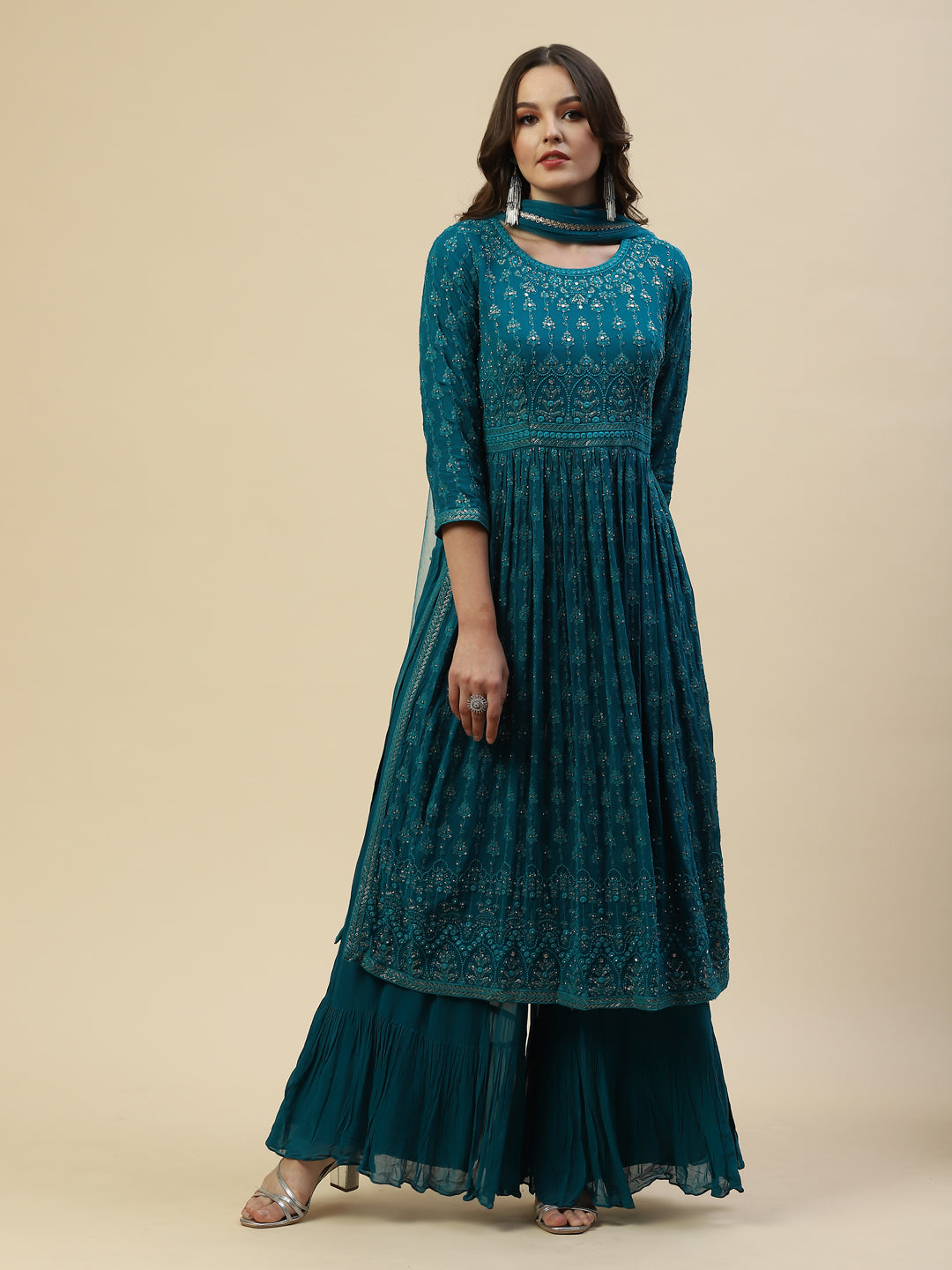 Embroidered Georgette Kurta With Palazzo &amp; Dupatta