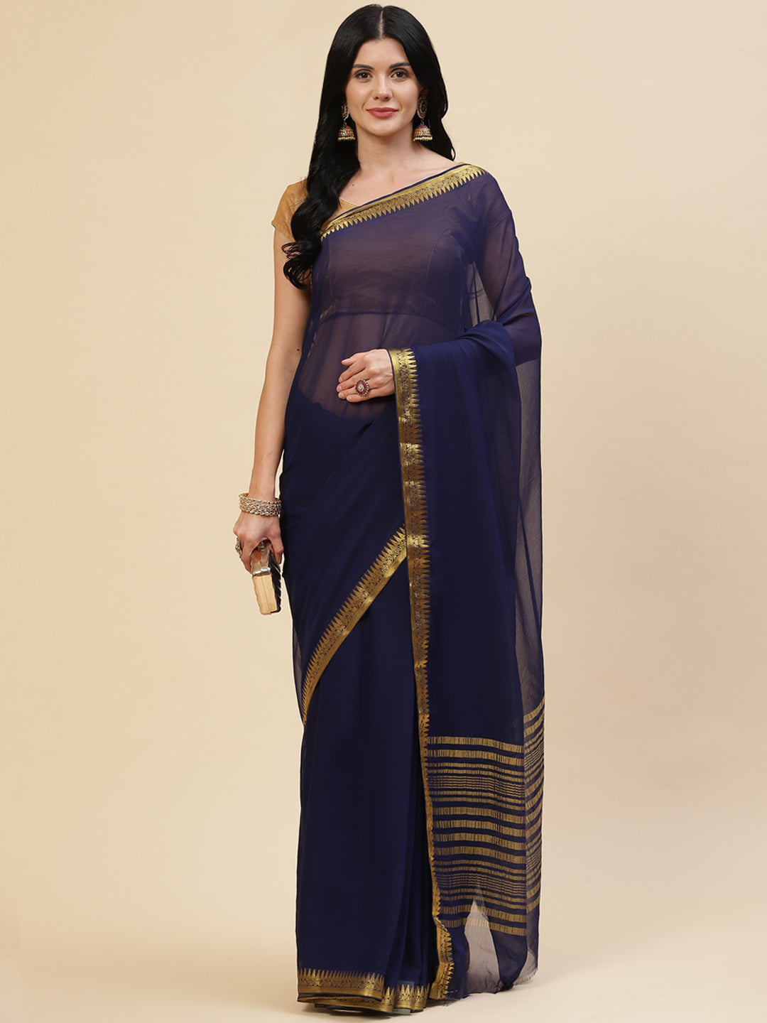 Plain Zari Border Chiffon Saree