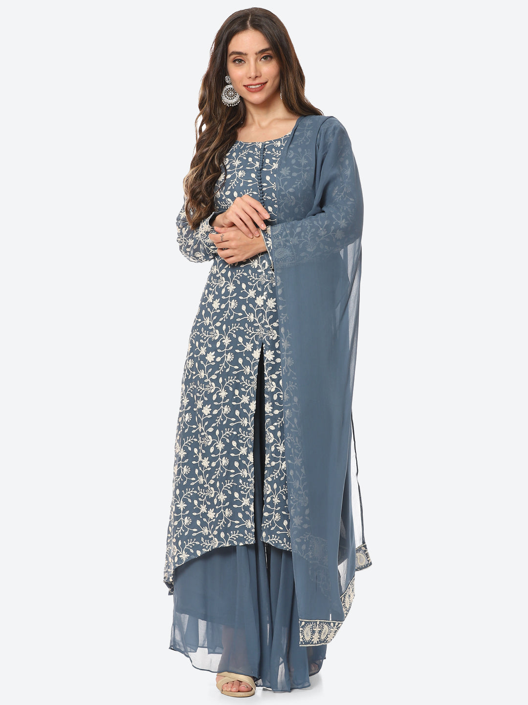 Resham Jaal Georgette Kurta With Palazzo &amp; Dupatta