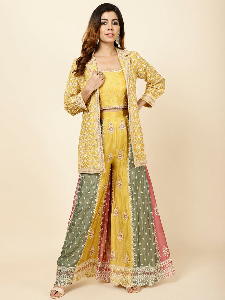 Embroidered Crepe Crop Top With Jacket &amp; Sharara