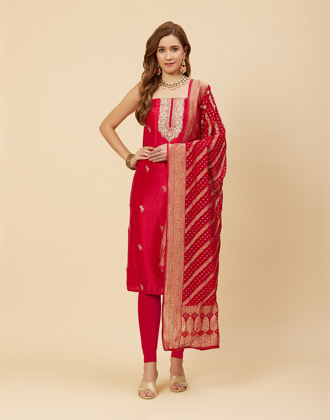 Embroidered Art Handloom Dupion Suit Piece With Bandhini Dupatta