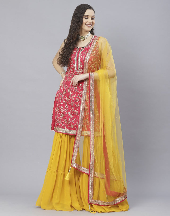Mustard and Tomato Red Handloom Dupion Salwar Kameez