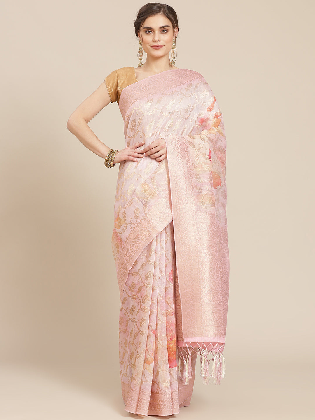 Digital Floral Printed Banarasi Pallu Cotton Chanderi Saree