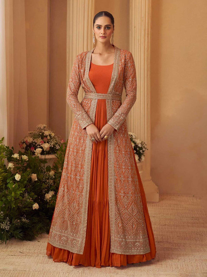 Embroidered Chinnon Silk Dress With Jacket