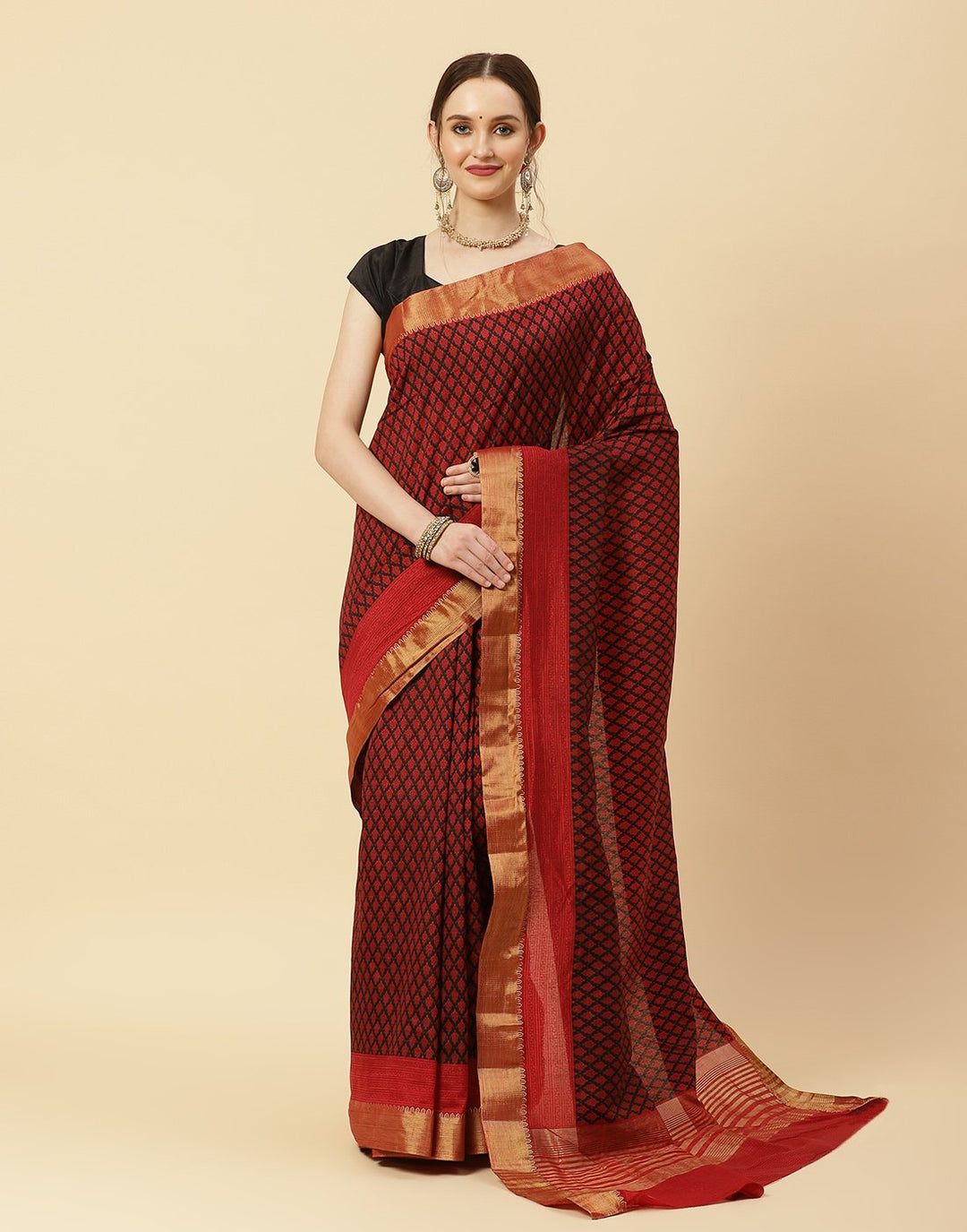 Printed Art Handloom Dupion Zari Booti Border Saree