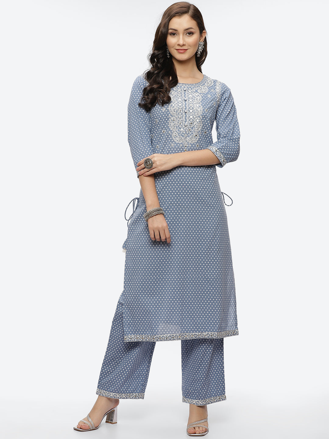 Mirror Neck Embroidered Cotton Kurta With Palazzo