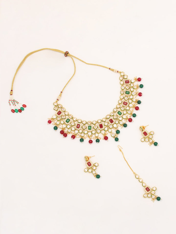 Kundan Work Necklace Set With Earring &amp; Mang Tika