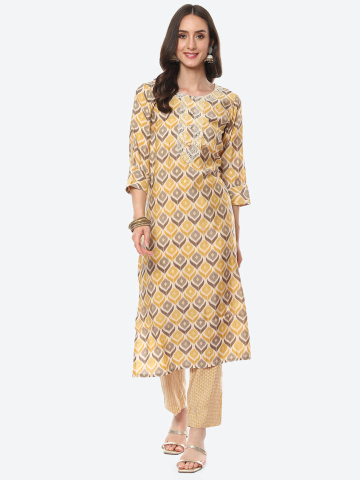 Printed Neck Embroidered Patti Chanderi Kurta With Pant