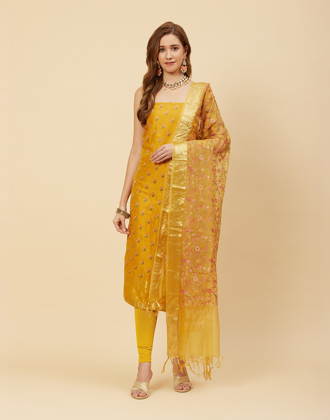 Embroidered Art Handloom Dupion Suit Piece With Organza Dupatta