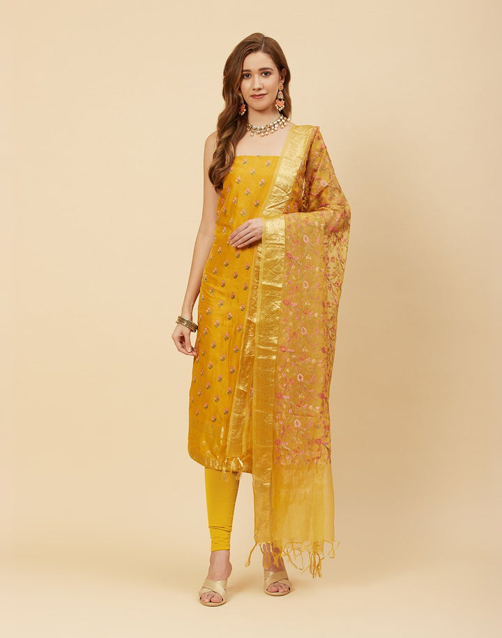 Embroidered Art Handloom Dupion Suit Piece With Organza Dupatta