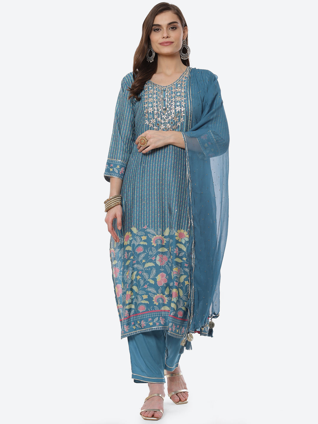Mirror Work &amp; Printed Muslin Kurta With Pant &amp; Chiffon Dupatta