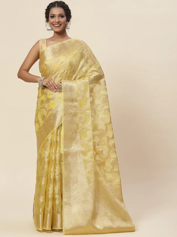 Floral Zari Jaal Organza Plain Saree