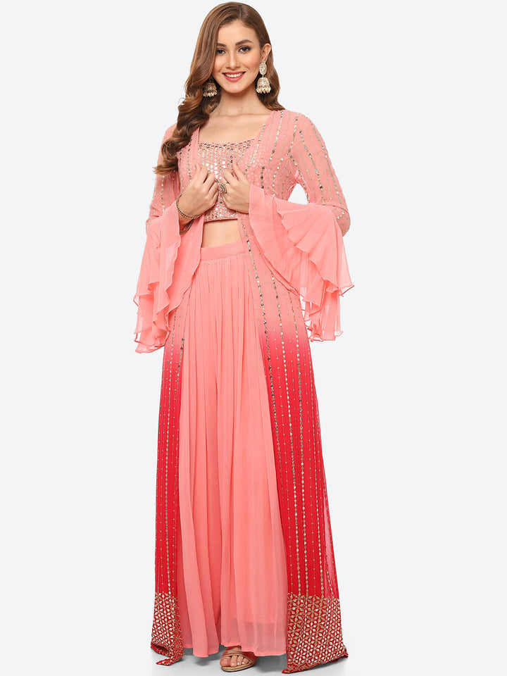 Zari Embroidered Georgette Crop Top With Palazzo &amp; Jacket