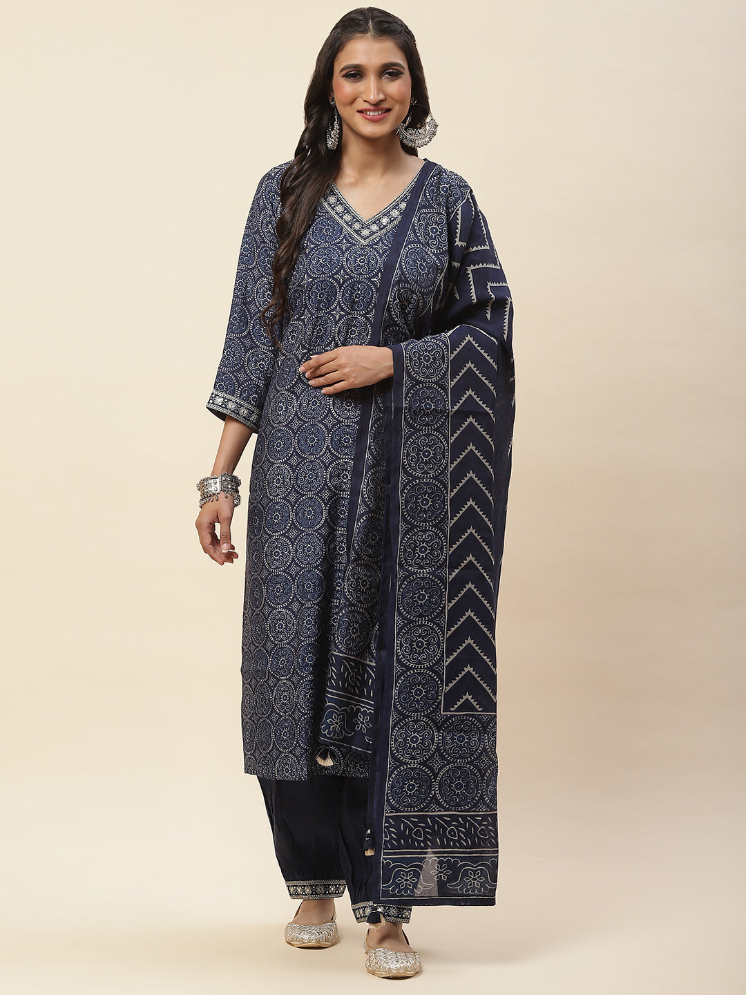 Printed Cotton Kurta With Pants &amp; Dupatta