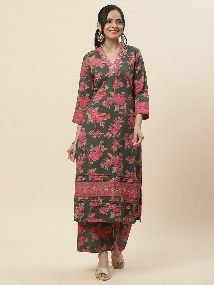 Floral Printed Cotton Kurta With Pants