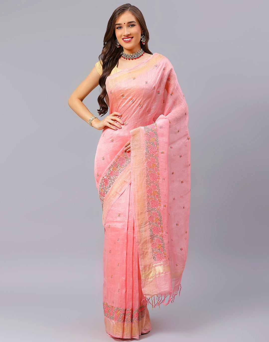 Embroidery Pink and Grey Saree