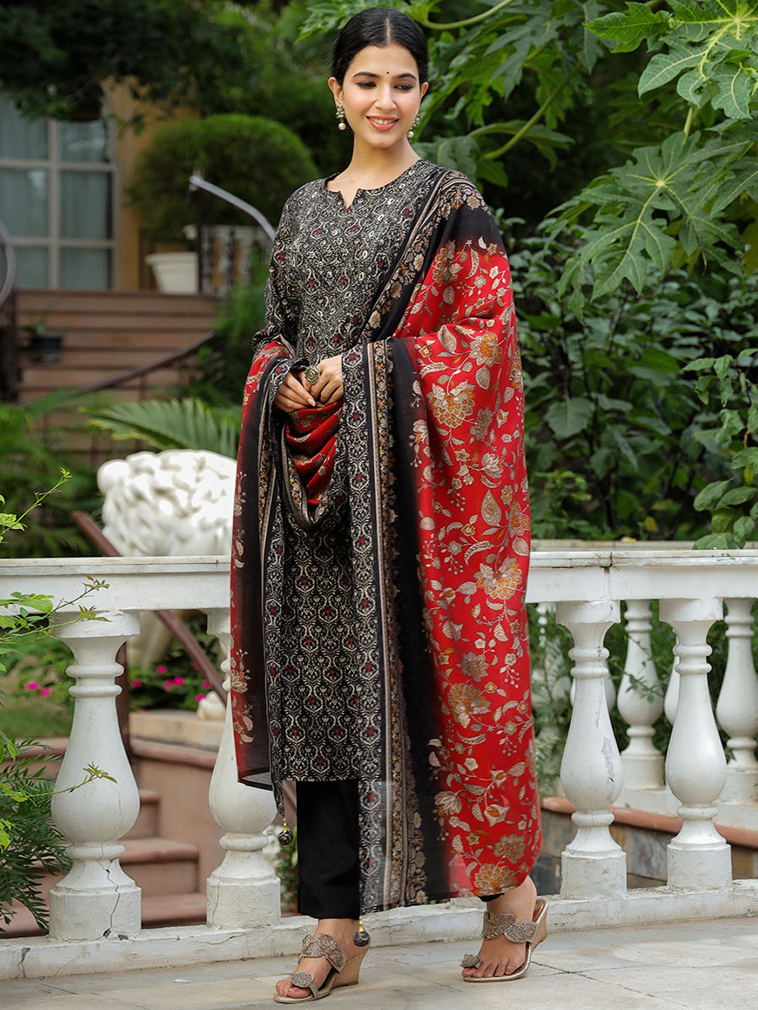 Printed Neck Embroidered Cotton Kurta With Pants &amp; Dupatta