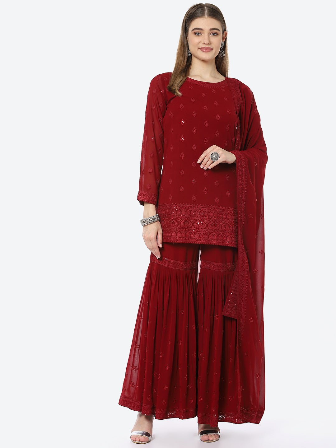 Resham Booti Georgette Kurta With Garara &amp; Georgette Dupatta