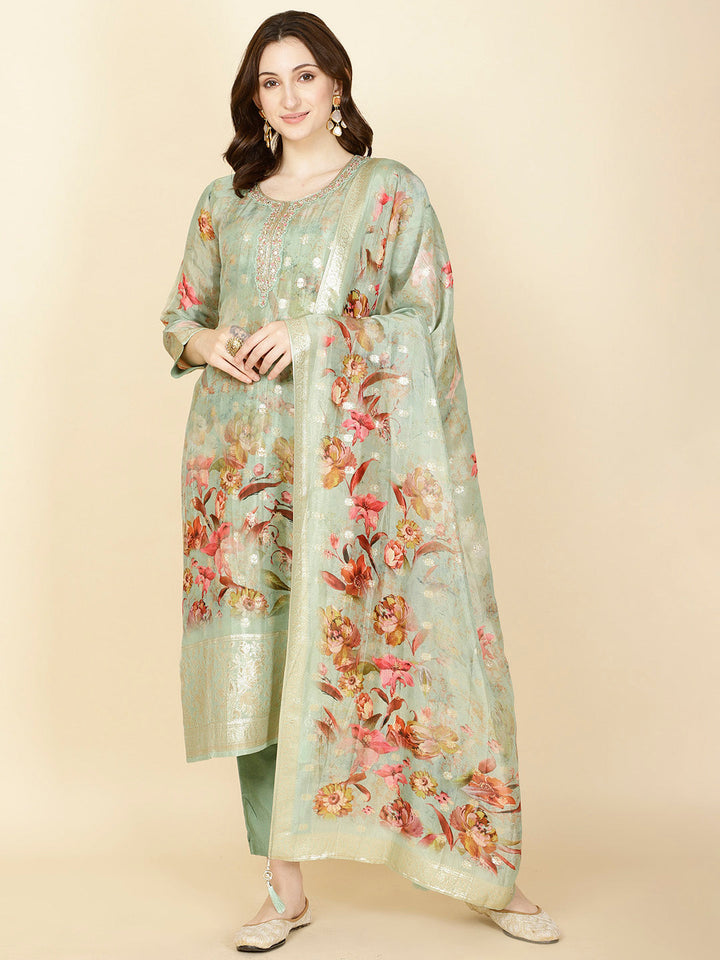 Floral Printed &amp; Woven Organza Kurta With Pants &amp; Dupatta