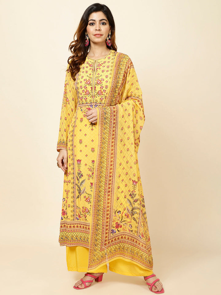 Digital Floral Printed Crepe Kurta With Palazzo &amp; Dupatta