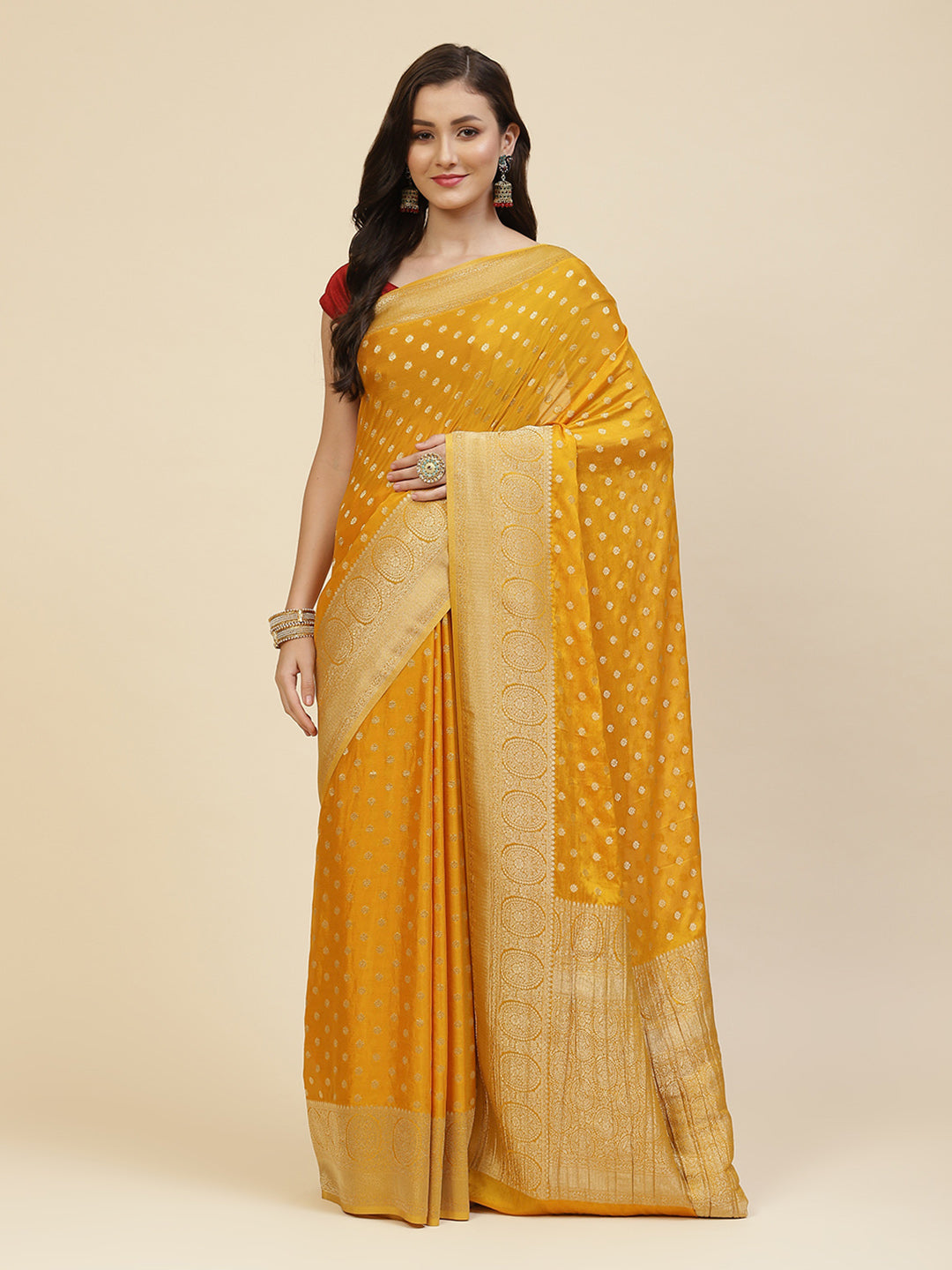 Zari Booti Crepe Plain Saree