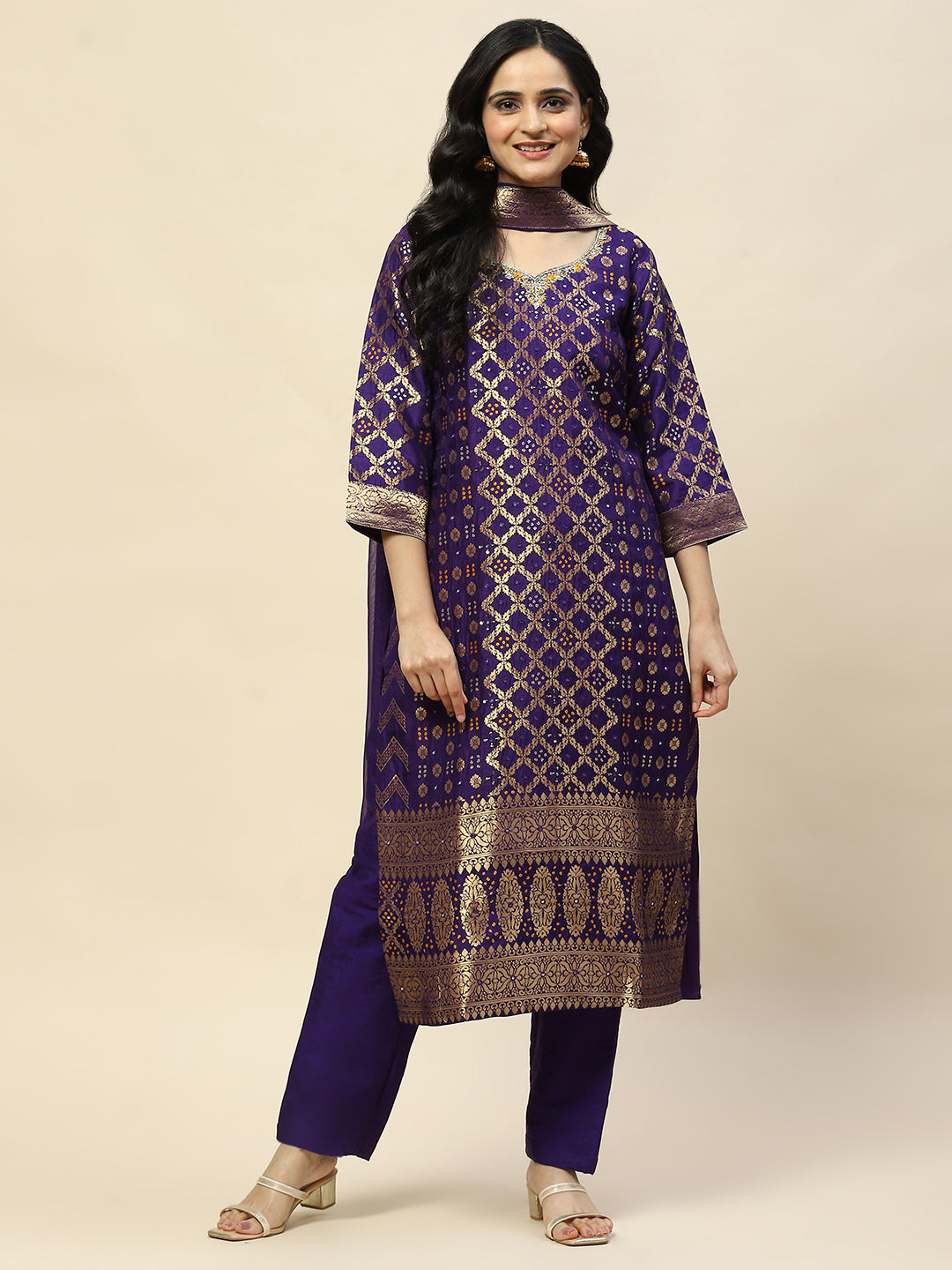 Woven Banarasi Kurta With Pants &amp; Dupatta