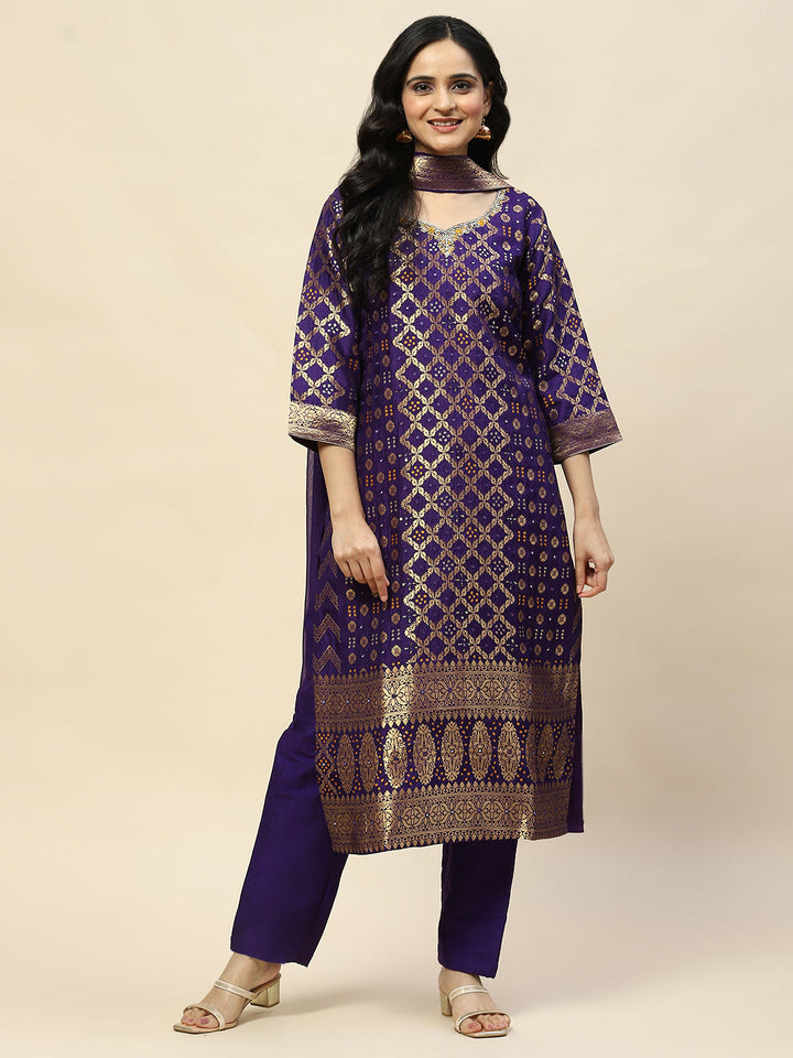 Woven Banarasi Kurta With Pants &amp; Dupatta