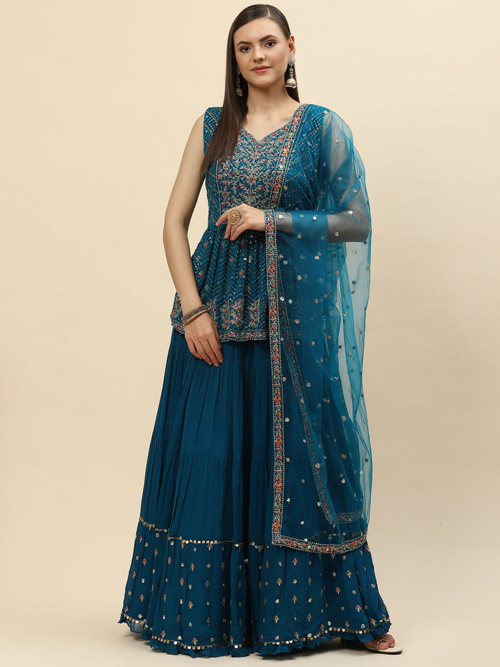 Sequin Embroidered Georgette Peplum Choli With Lehenga &amp; Dupatta