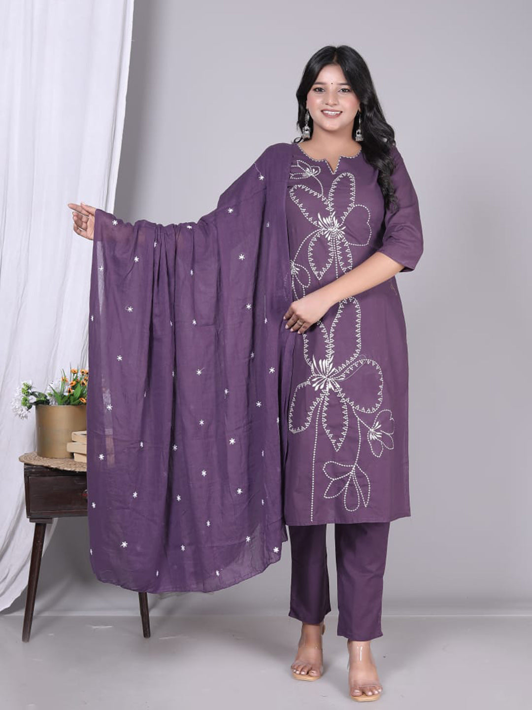 Purple Cotton Blend Printed Straight Suit Set