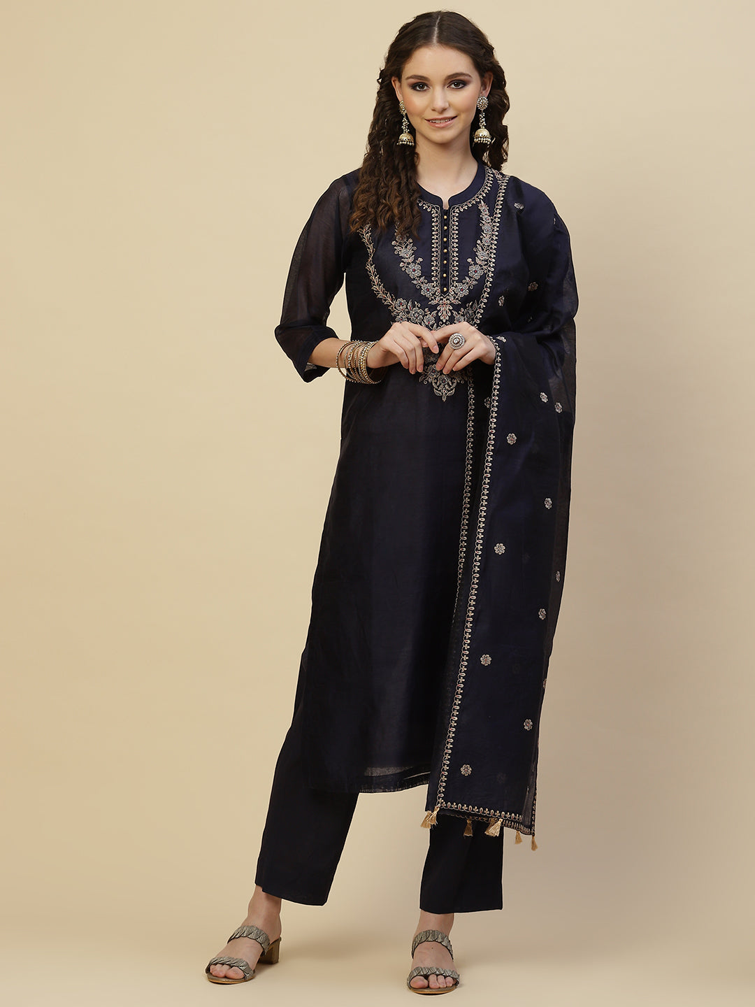 Resham Neck Embroidered Chanderi Kurta With Pants &amp; Dupatta
