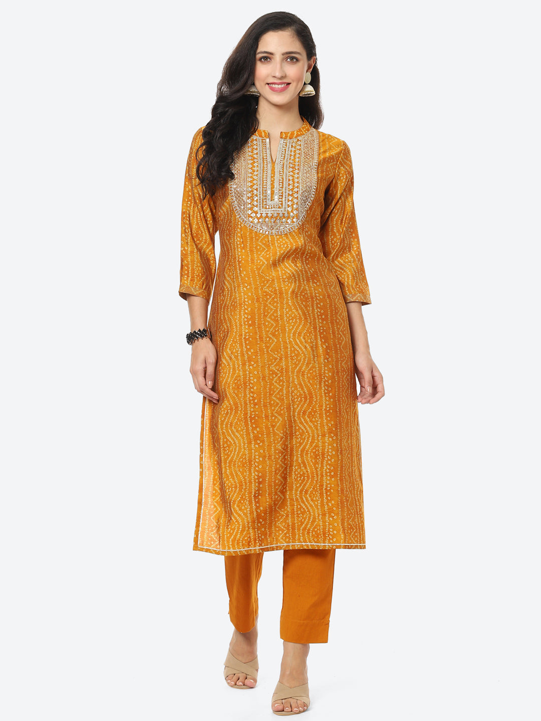 Zari Embroidered Bandhej Printed Muslin Kurti With Pant