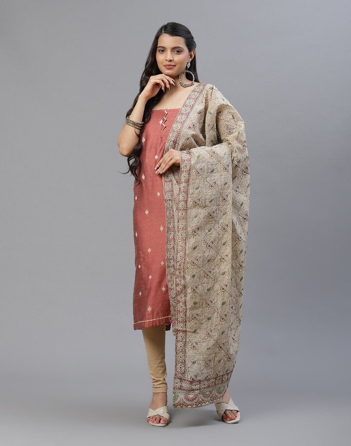 Embroidered Chanderi Suit Piece With Dupatta
