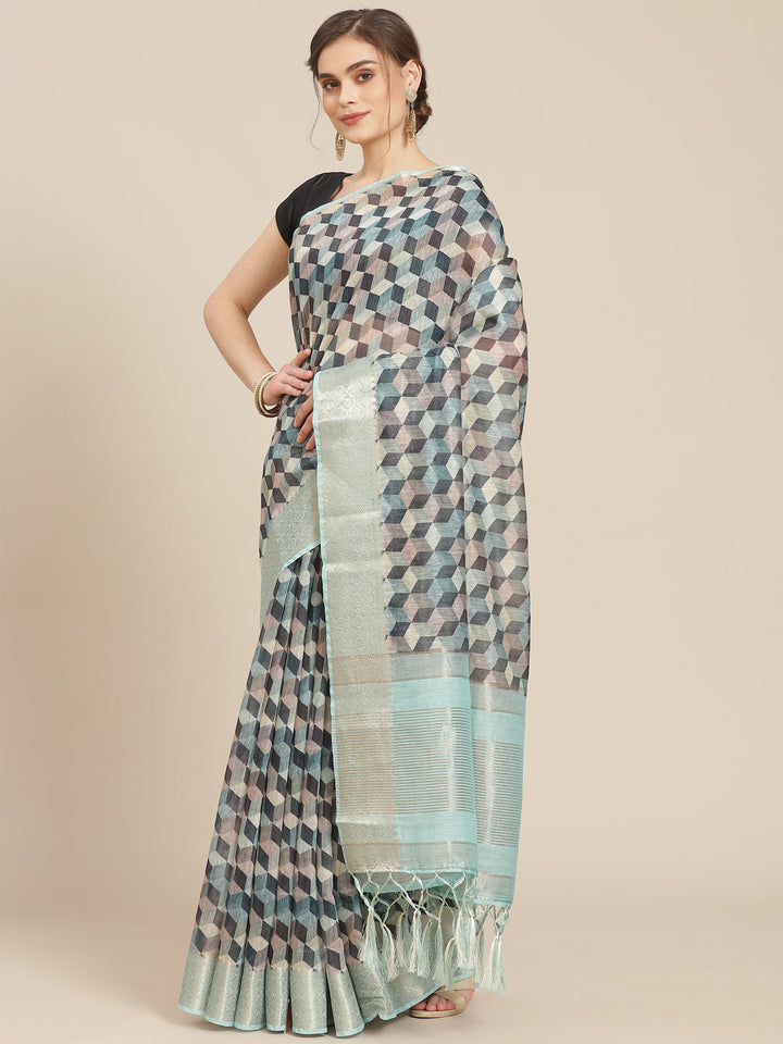 Abstract Printed Banarasi Pallu Cotton Woven Saree