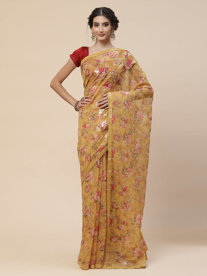 Floral Digital Printed Sequence Organza Saree