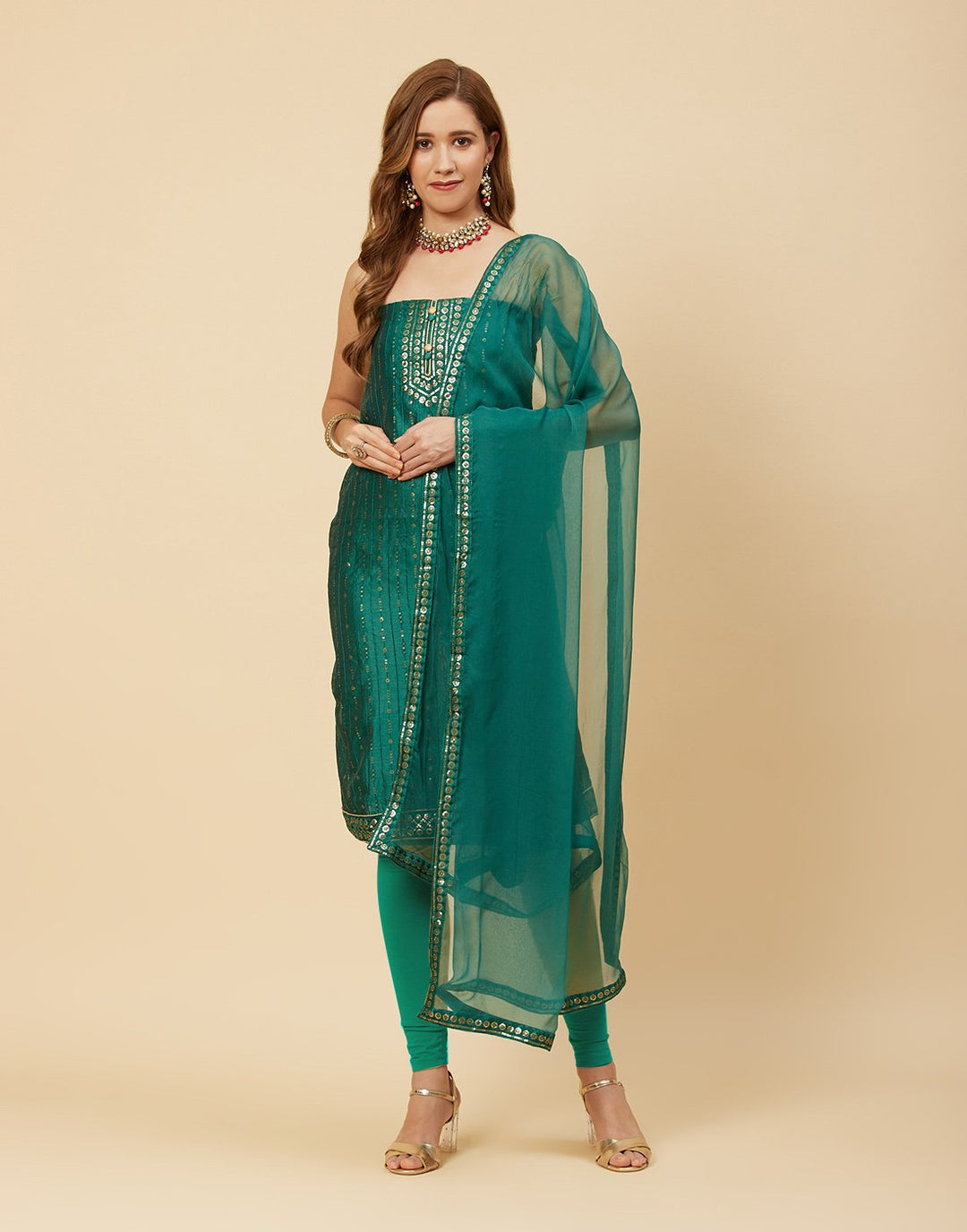 Embroidered Chanderi Suit Piece With Chiffon Dupatta