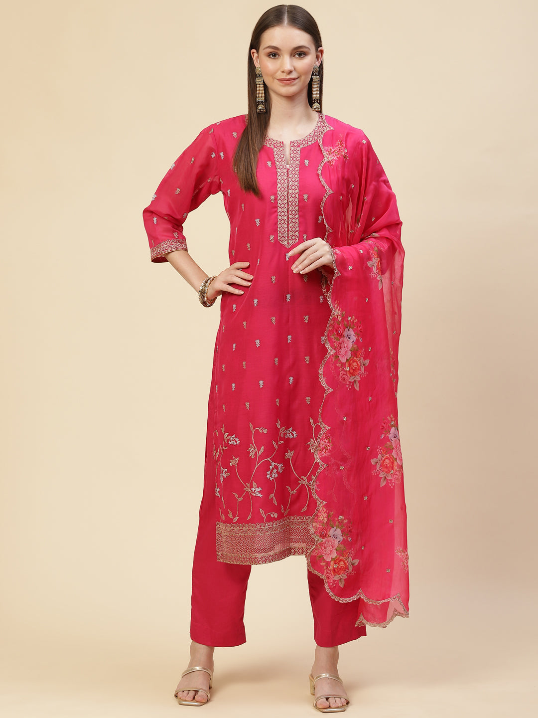 Resham Booti Cotton Kurta With Pants &amp; Dupatta