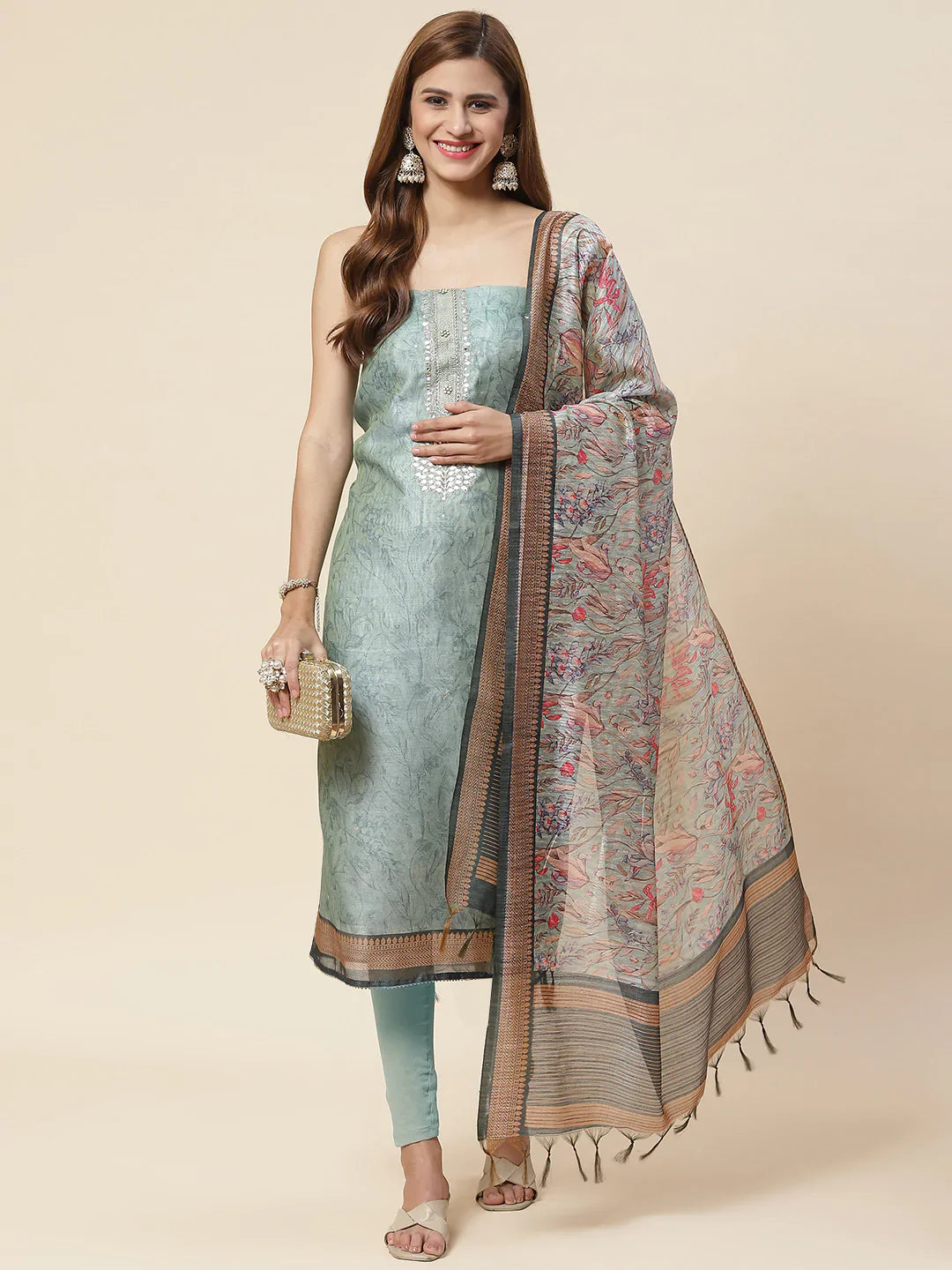 Neck Embroidered &amp; Printed Chanderi Unstitched Suit Piece With Dupatta