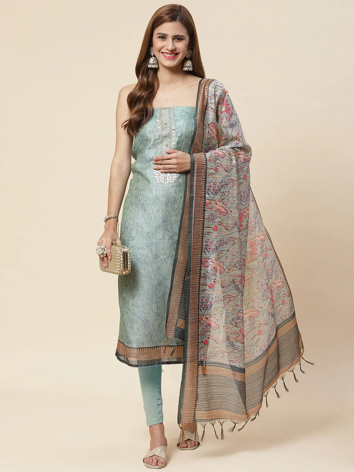 Neck Embroidered &amp; Printed Chanderi Unstitched Suit Piece With Dupatta