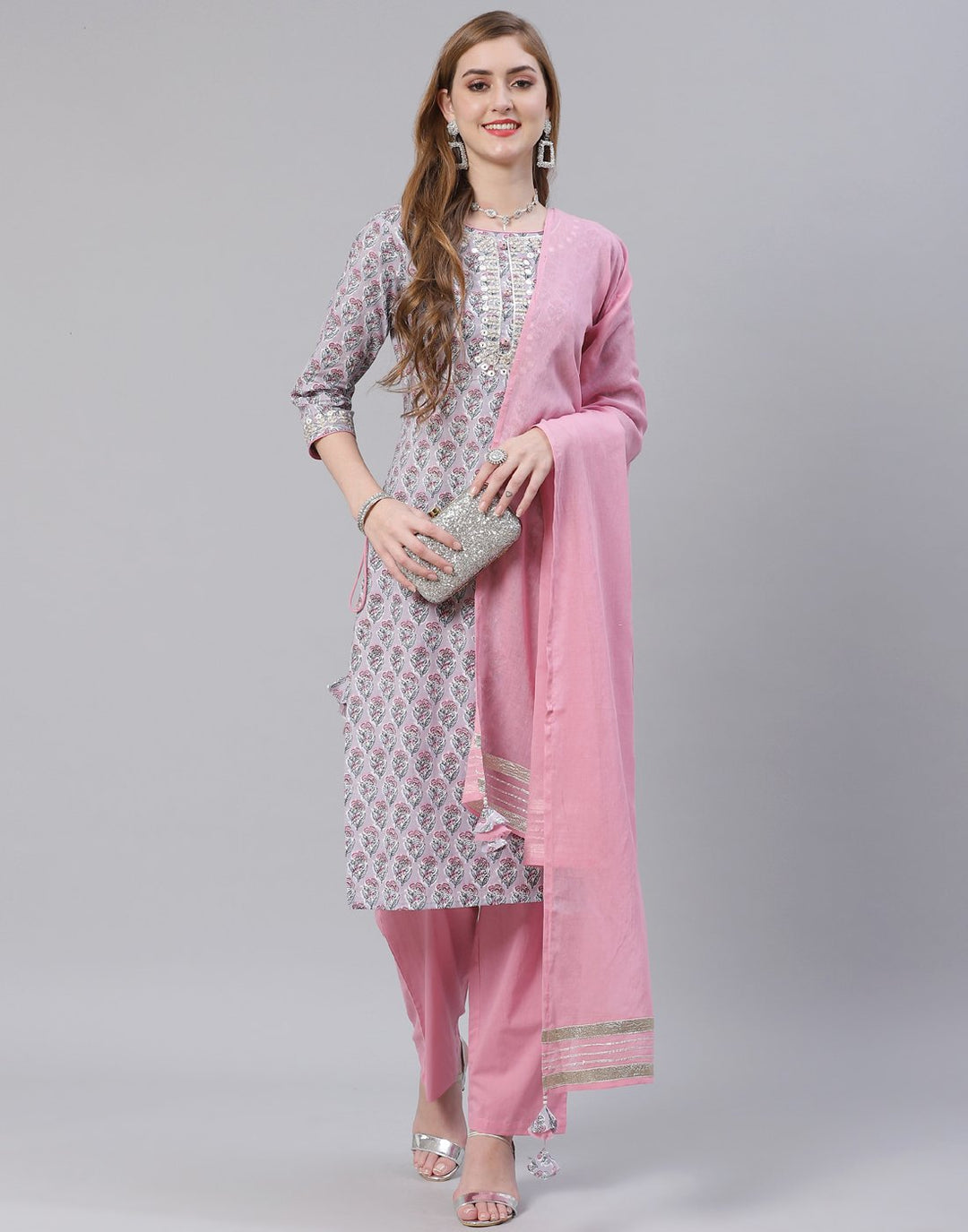 Grey Cotton Salwar Kameez Stitched Suit
