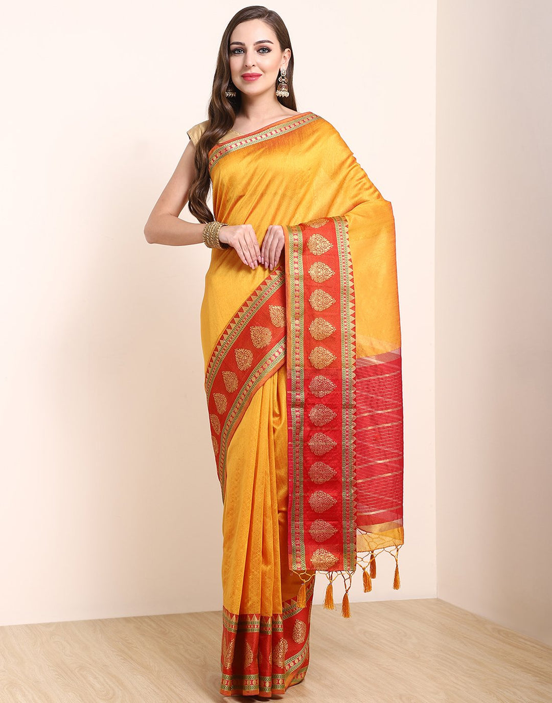 MBZ Meena Bazaar-Mustard Art Handloom Saree